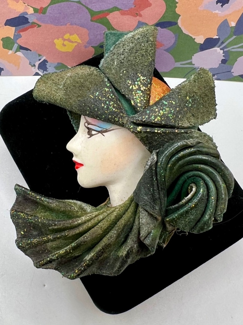 SALE 3/$20**Art Deco Painted Porcelain Lady Brooch